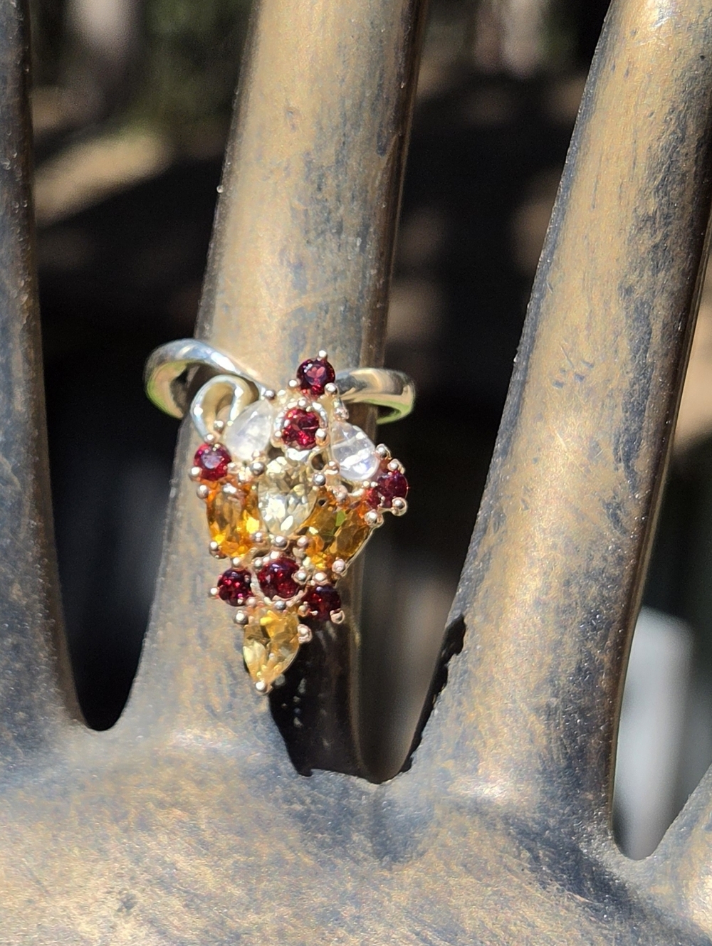 Citrine Moonstone Rhodalite & Green Amethyst Sterling White Gold Ring Sz7.5 - Picture 3 of 8